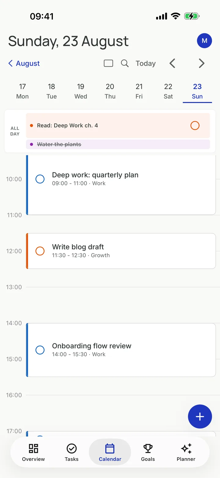 Chrono's day calendar: a few timed blocks on a quiet grid, with a single floating add button.