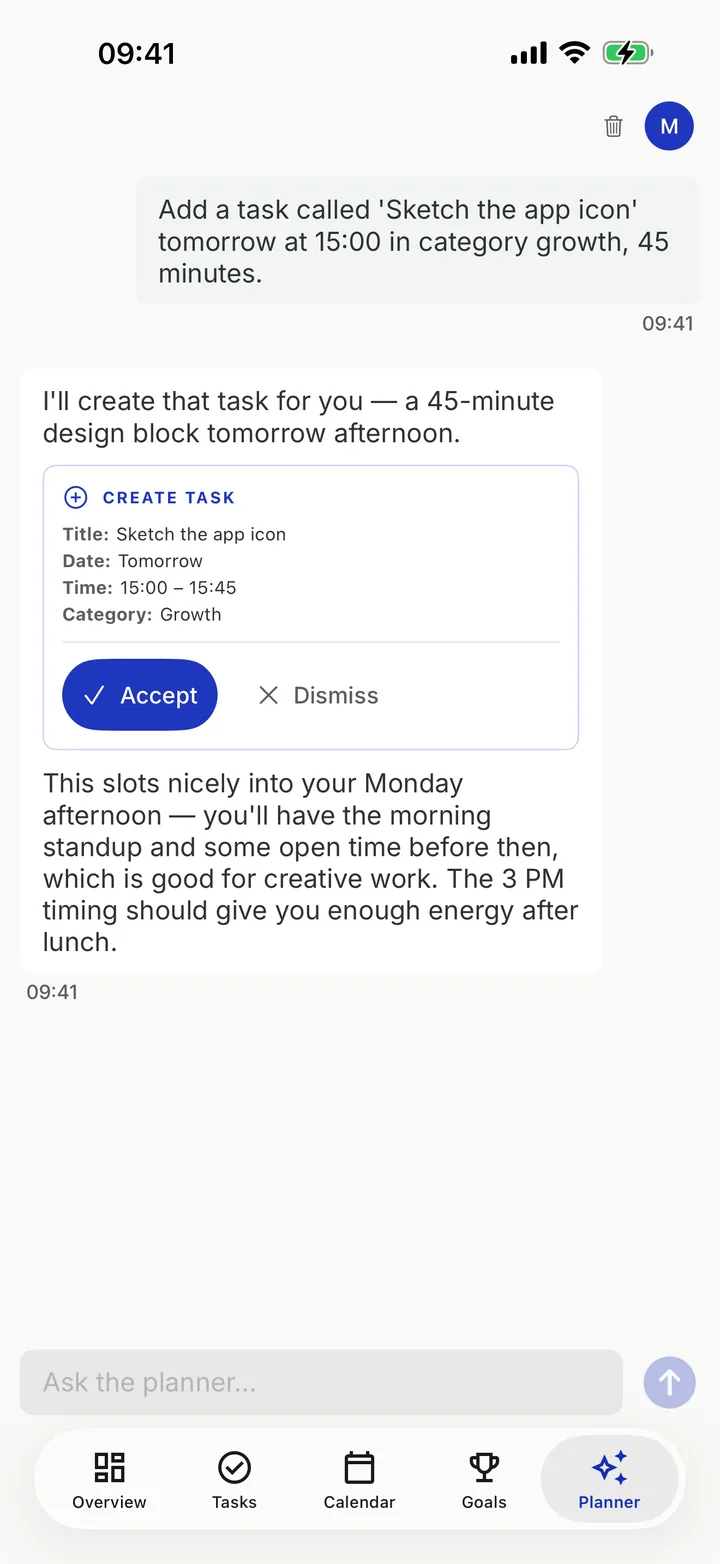 Chrono's AI Planner proposing a new task as a card with Accept and Dismiss buttons, and explaining why the slot fits.