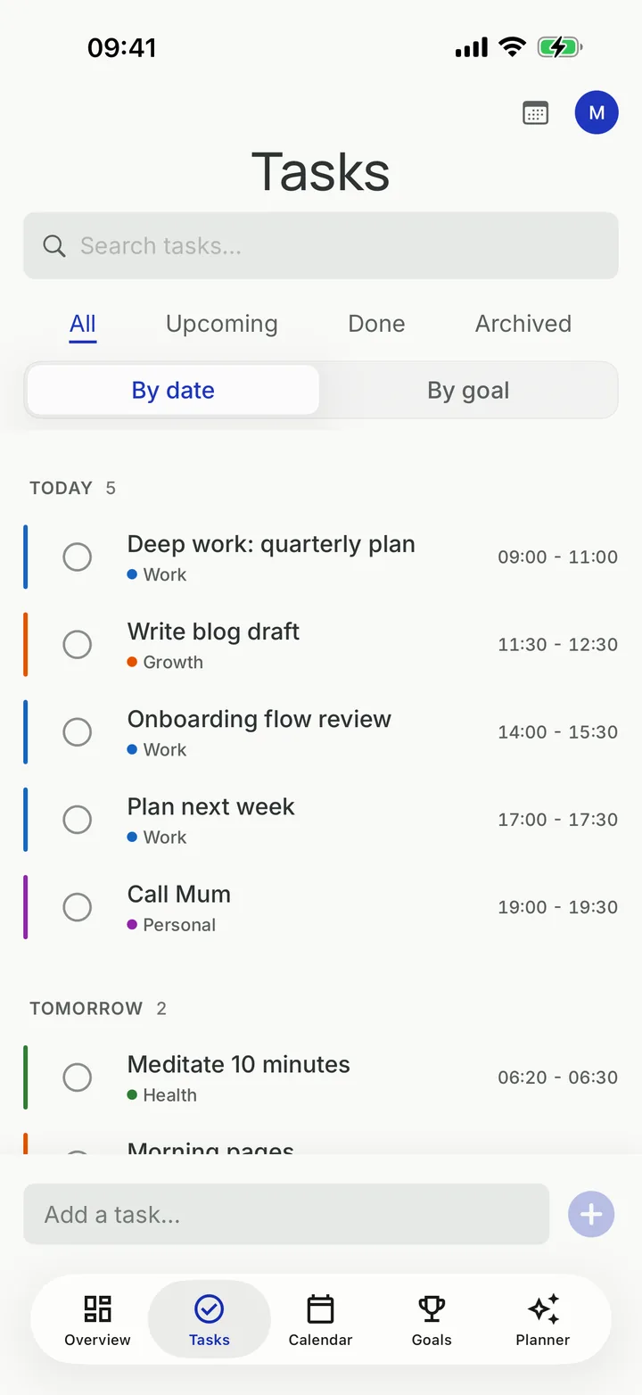 Chrono's task list grouped by day, with small category colours and nothing marked overdue.