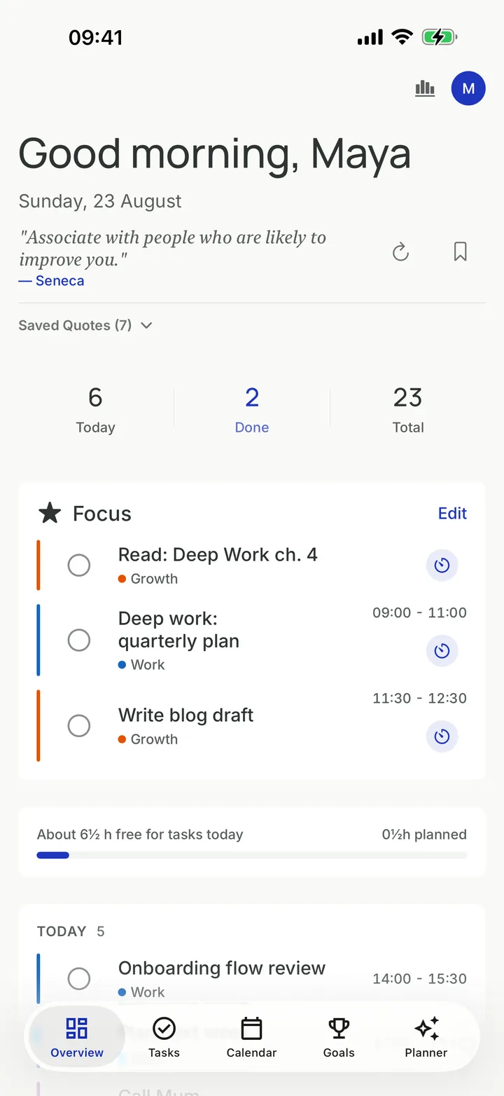 Chrono's Today screen on iPhone: a greeting, a short focus list and the hours still free, with no counters or warnings.